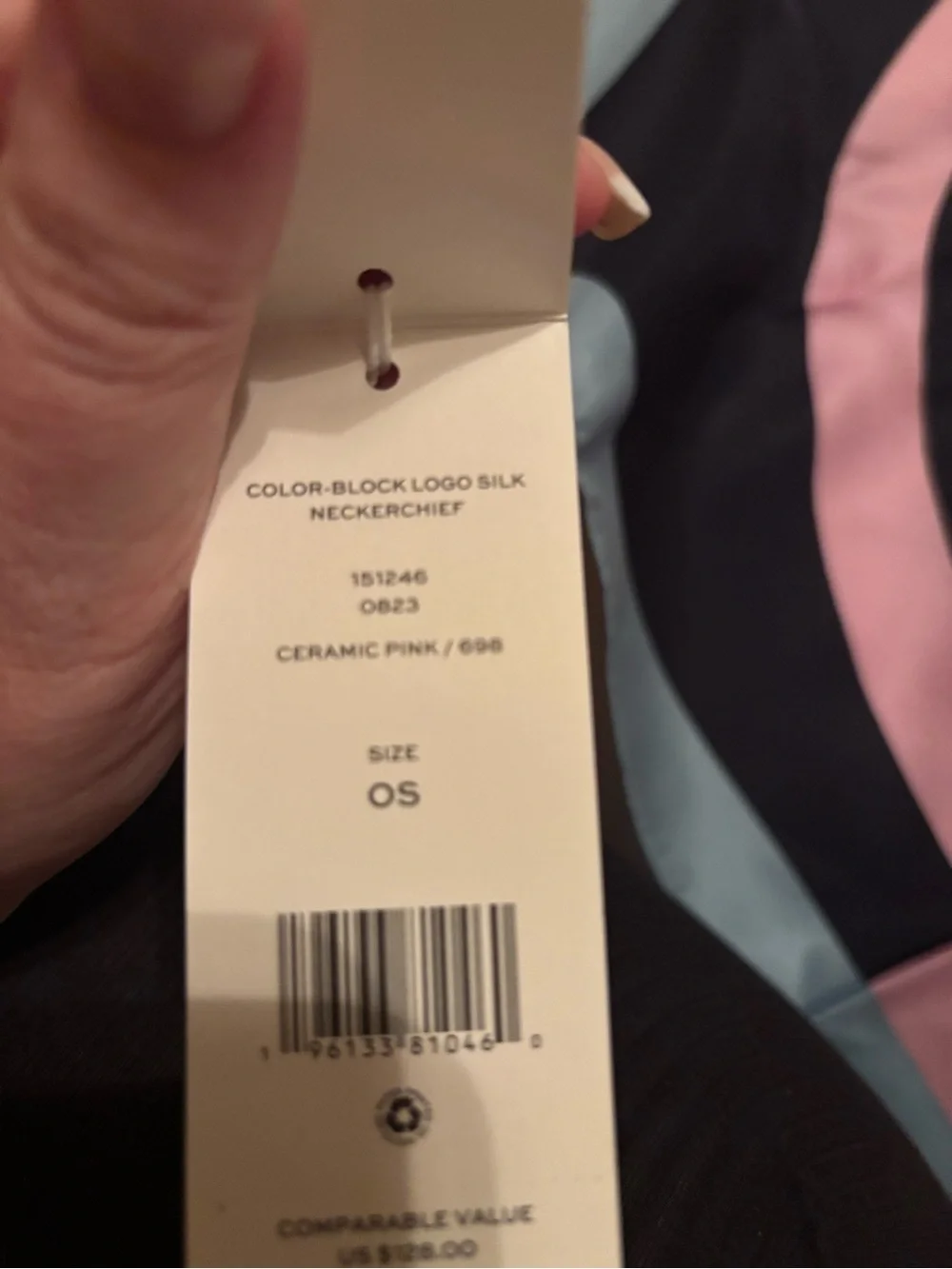 Tory Burch Colorblock Logo Silk Scarf in Pink, Green, Brown, Navy